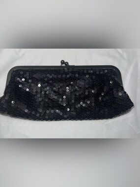 Ann Taylor Loft Black Sequin Evening Clutch Vintage Metal Chain Strap